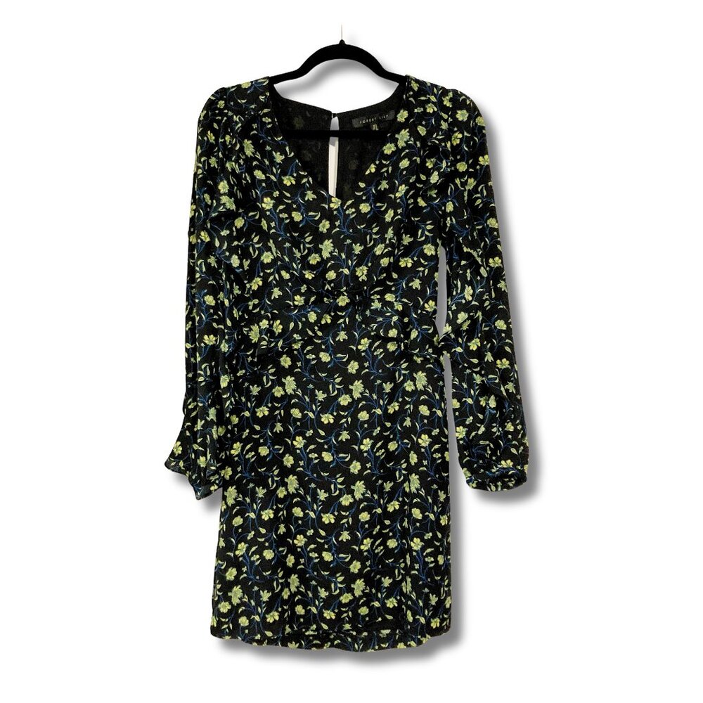 FOREST LILY Black chartreuse blue floral ruffled dress whimsy goth XS sz 0